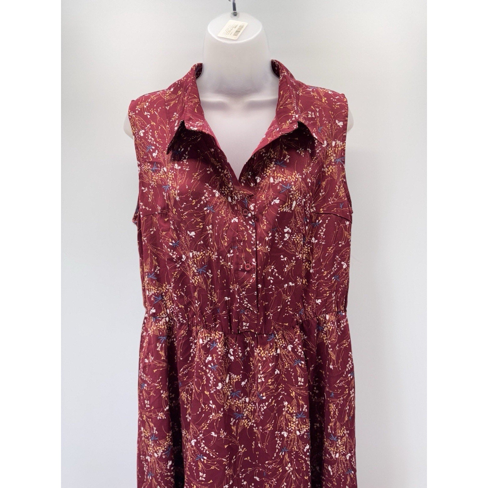 Allegra K Women's Collared Button Up Midi Floral Dress Dark Red X-Large