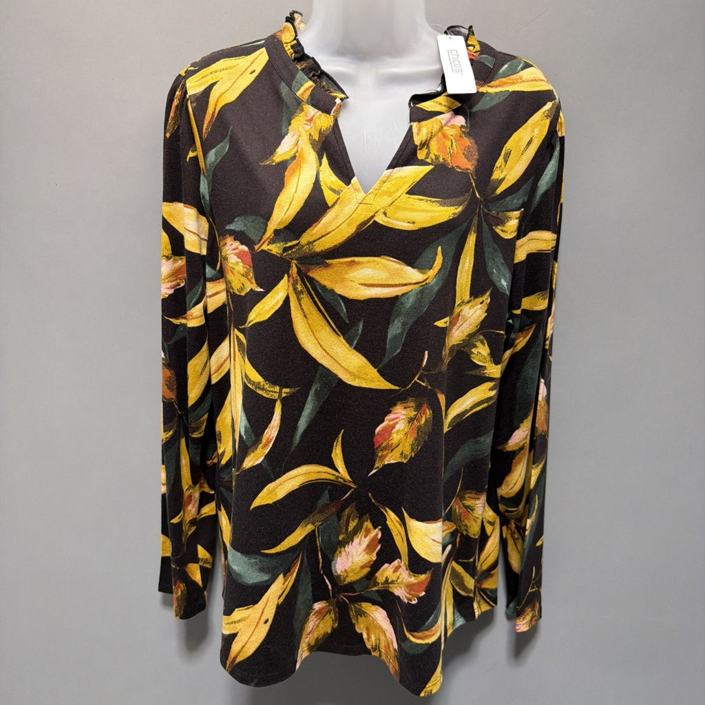 Chicos Top Womens 2 L Yellow Stretch Ruffle Neck Pullover Tropical Floral NWT