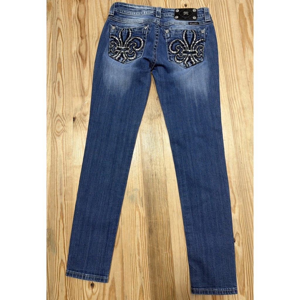 MISS ME JP510GSK-2 DISTRESSED FLEUR DE LIS STRETCH SKINNY DENIM JEANS~28 X 31