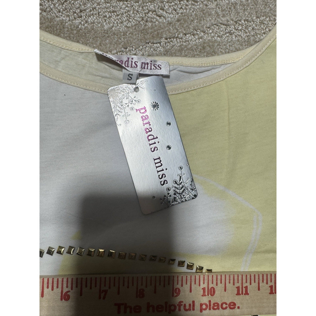 NWT Paradis Miss Womens Small Yellow White Studded Belted Mini Dress Cotton