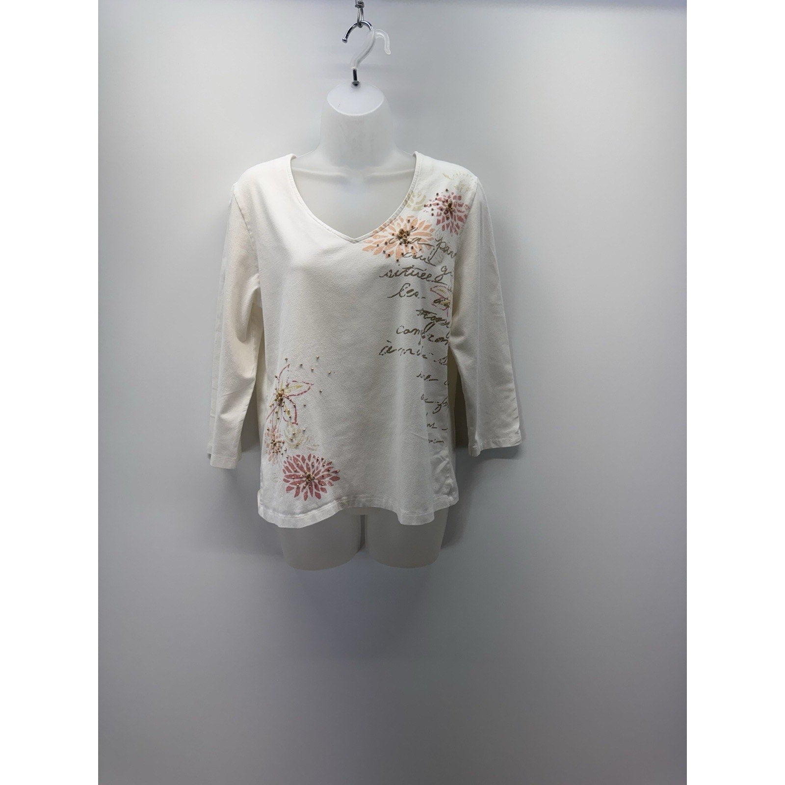 Lara Lane White Pastel Floral V Neck Women’s Size Large Cotton Spandex