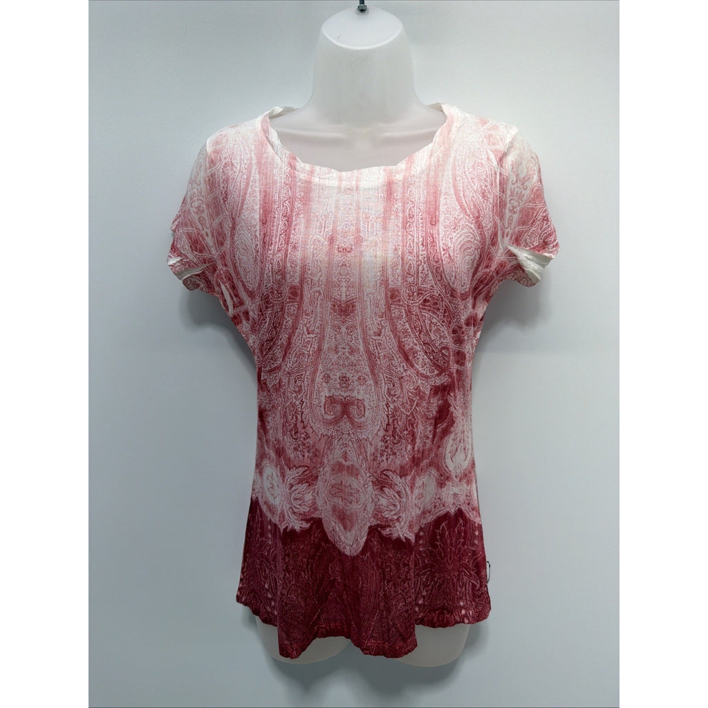 SEVEN7 Red White Fade Paisley Floral Boho Tie Dye Short Sleeve T Shirt Medium S5