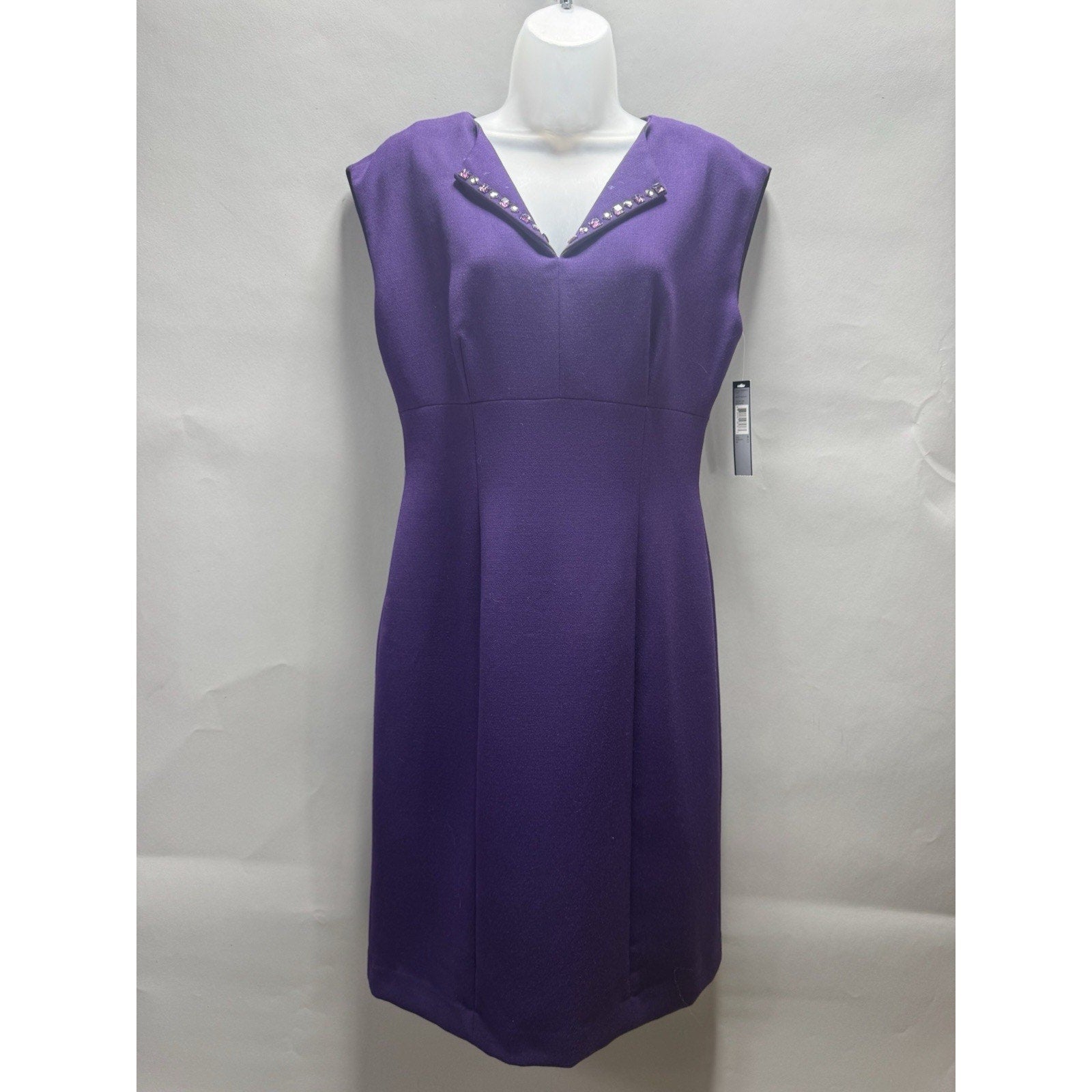 Tahari Arthur S. Levine Purple Sheath Dress Size 6 Embellished Neck Career NWT