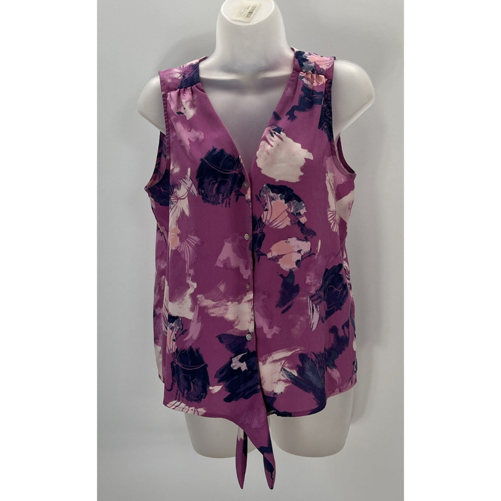 NINE WEST S GUAZY PINK PURPLE FLORAL V-NECK BUTTON TIE KNOT TANK BLOUSE TOP