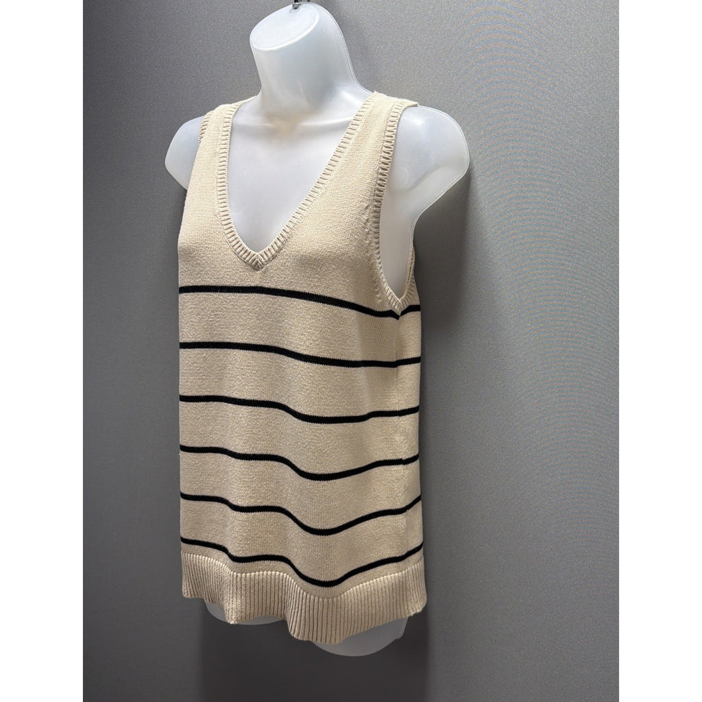 Loft Outlet Tan Knit Coastal Stripe Sweater Vest Sleeveless V neck Size Medium
