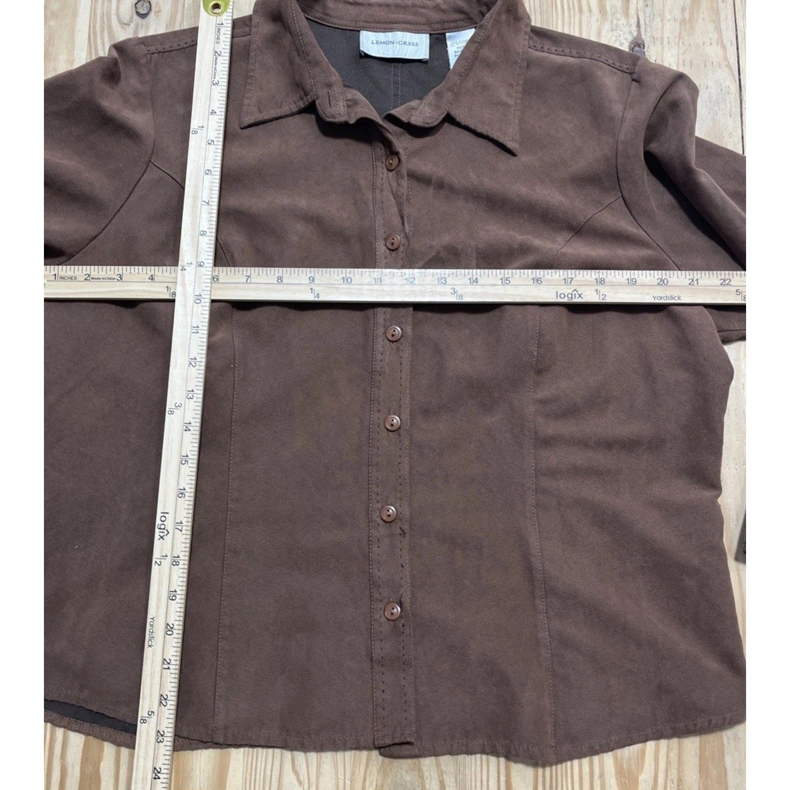 Lemon Grass Brown Rust Button Long Sleeve Faux Suede Shirt Sz XL