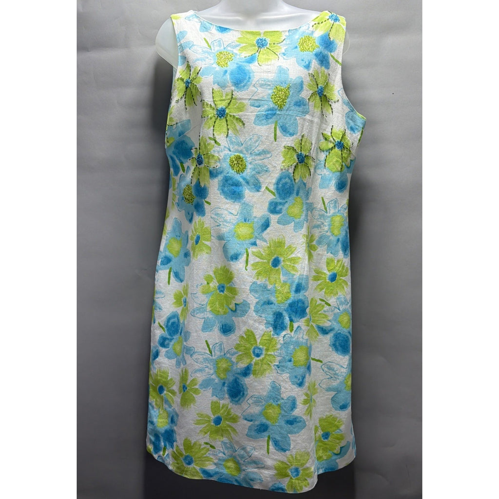 Vtg JESSICA HOWARD Linen Dress Women Sz 14 Sleeveless Shift Lined Embellished