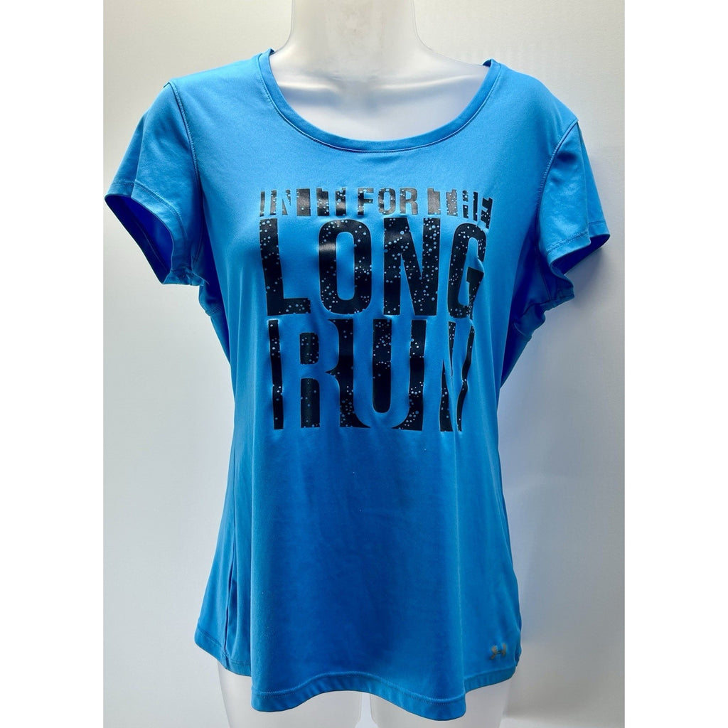 Under Armour SzM Shirt Running Tee In It For The Long Run HeatGear Womens Blue.