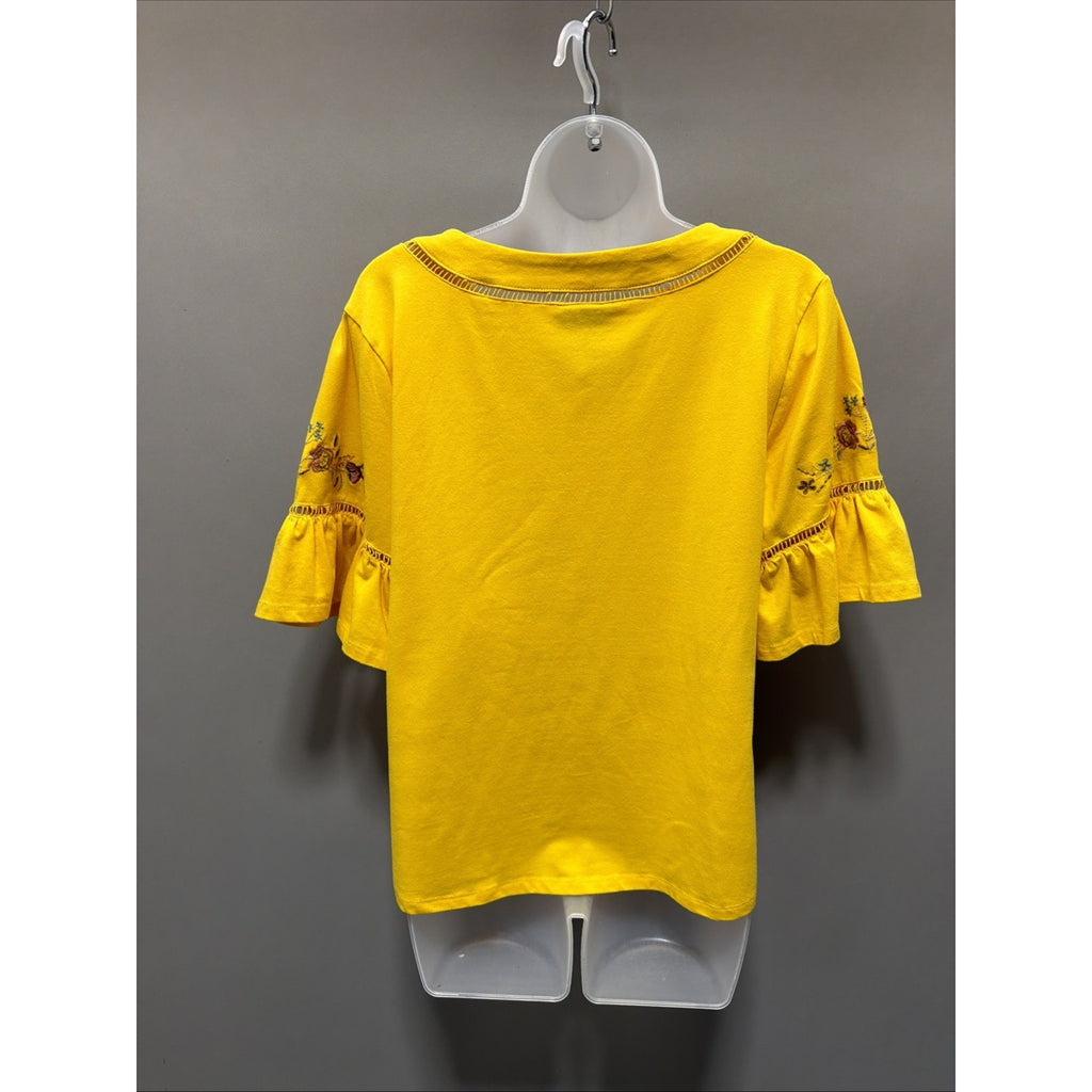 Women's Yellow Floral Liv Los Angeles Blouse Top Embroidered Bell Sleeve Size M