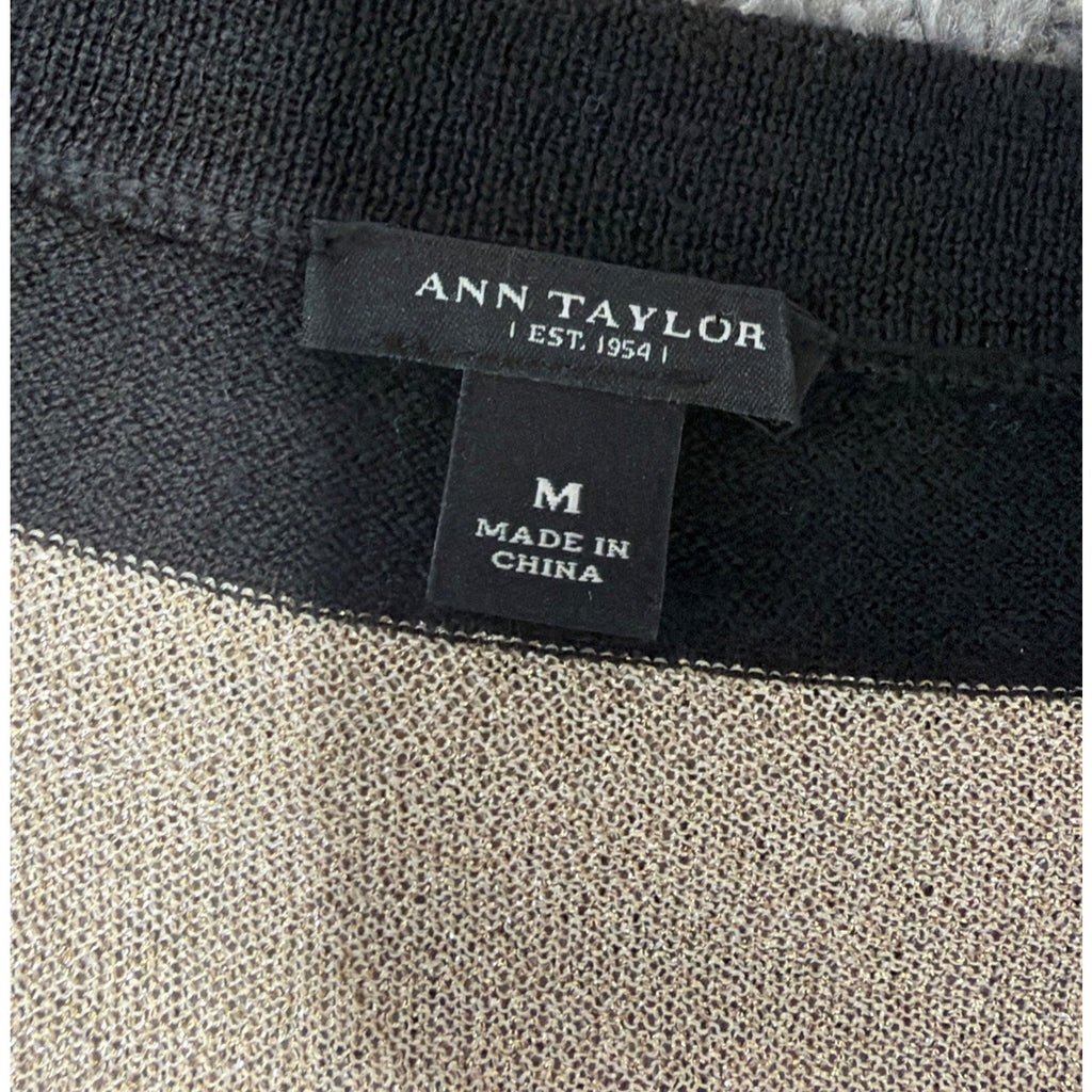 Ann Taylor Extra Fine Merino Wool Metallic Cardigan Black & Gold Stripes Size M