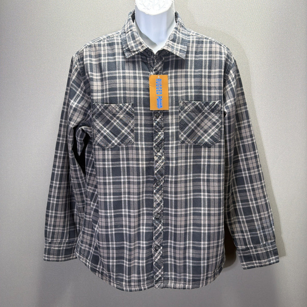 Men's Rugged Point Authentic Gray Plaid Sherpa Fleece Full Zip Shacket Size M