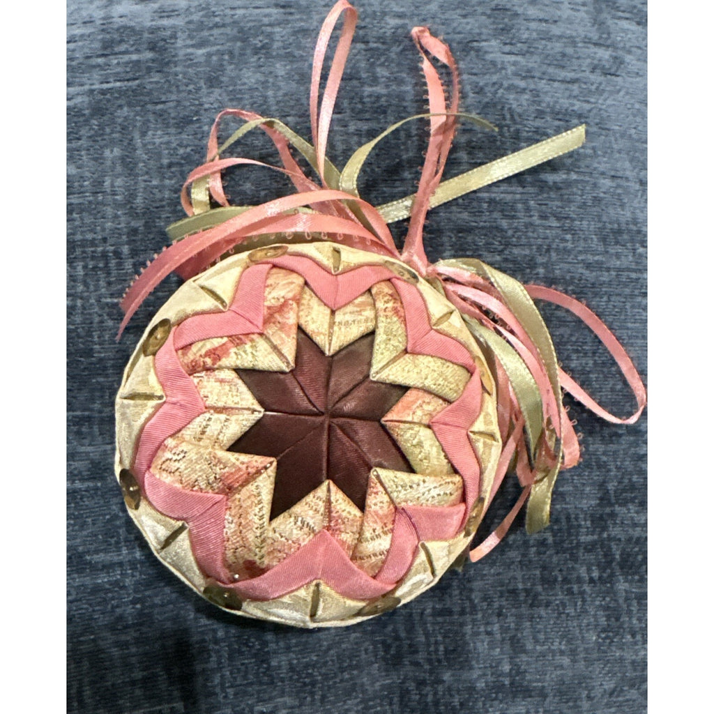 Vintage QUILTED FABRIC CHRISTMAS BALL ORNAMENT Rose And Ivory