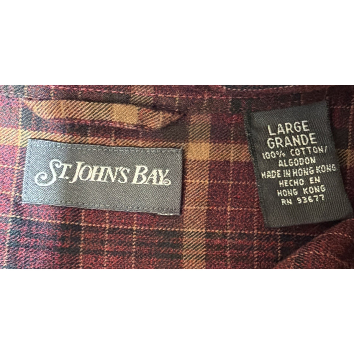 Vintage St Johns Bay Shirt Mens L Plaid Flannel Button Up Hong Kong 90s