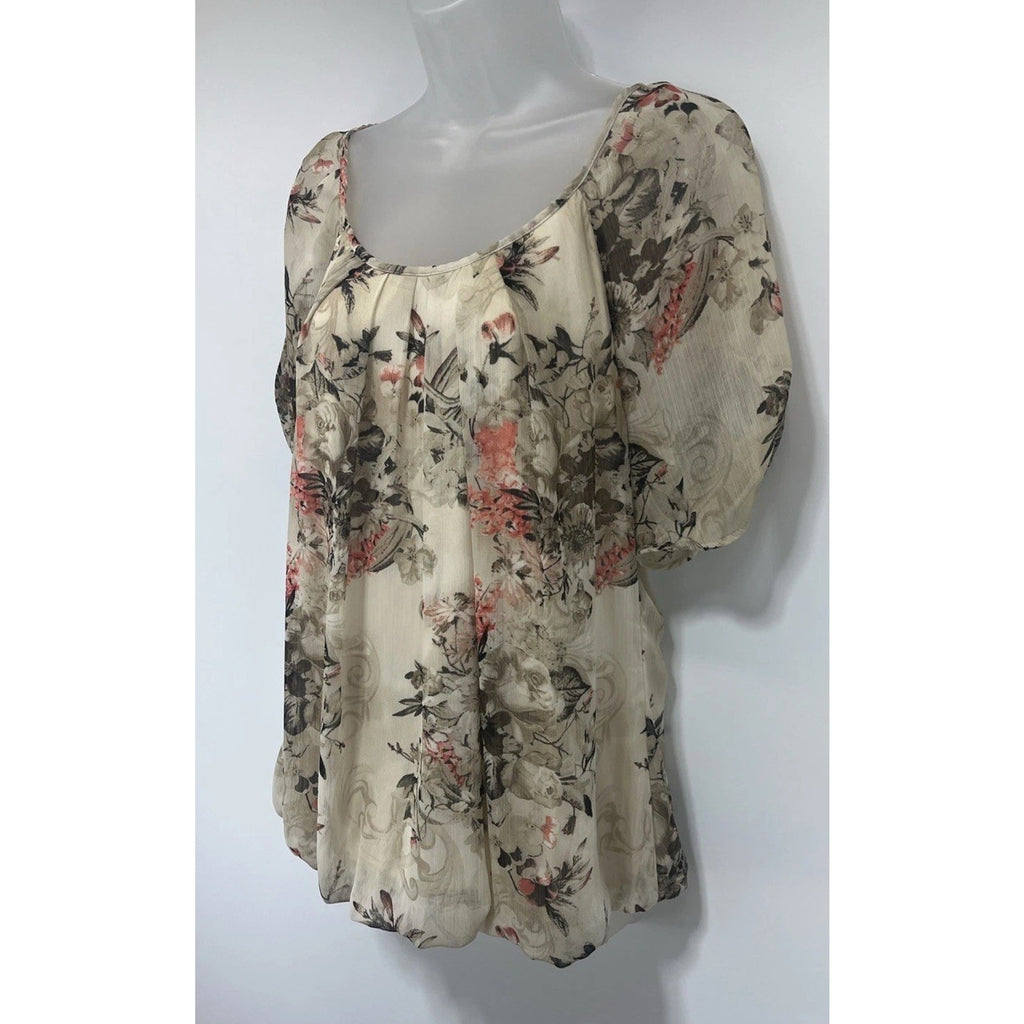 Sarah Michelle Top Womens Large Size Cream Floral Artsy Flowy Boho Y2K