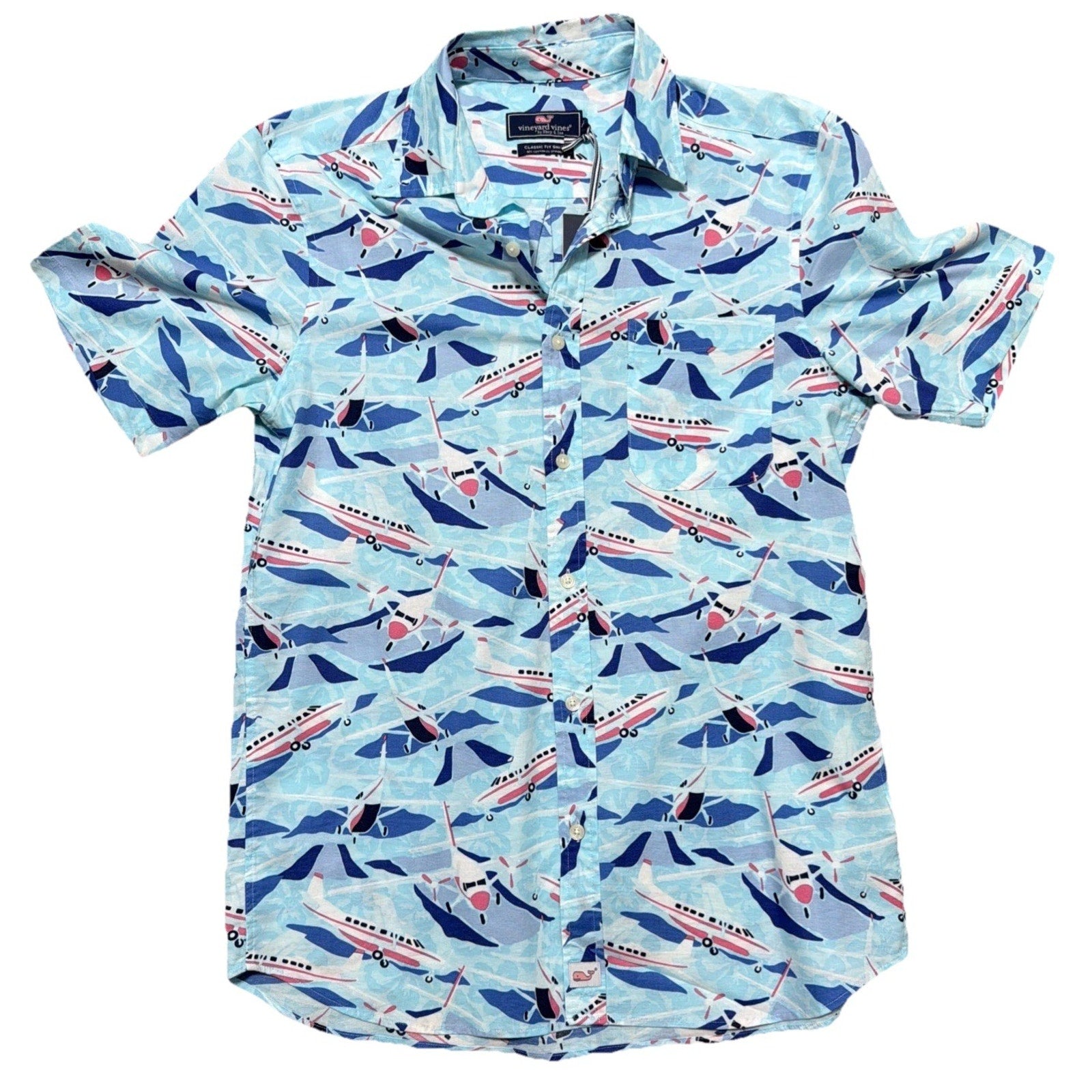 Vineyard Vines Jet Set Airplane Print Button Down Shirt Men’s Small Blue NWT