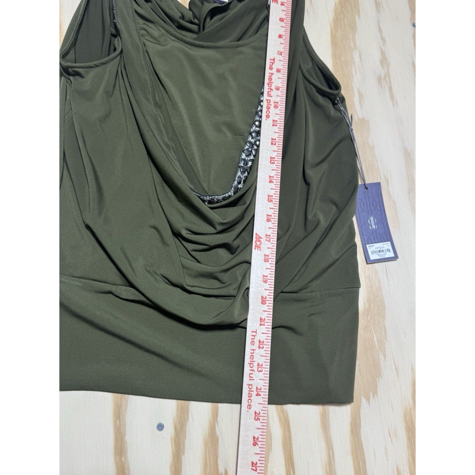 Jennifer Lopez Top Womens Small Olive Green Cowl Neck Embellished Sleeveless New
