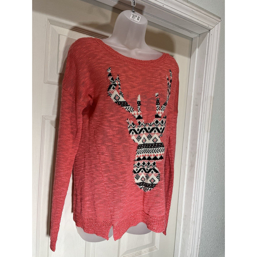 Pink Rose Pink Long Sleeve Knit Coral Pink Aztec Deer Sweater Women's Size Large
