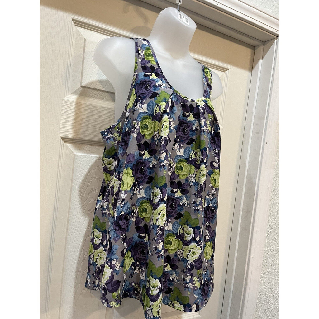 Twenty One Blouse Woman’s Blue Green Floral Sheer Tank Round Beck Pullover USA
