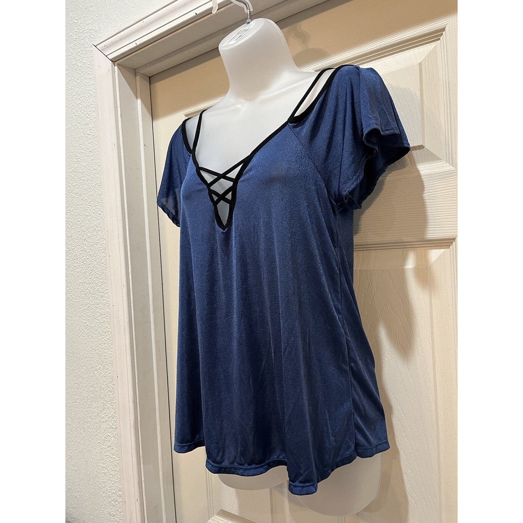 Mine Strappy Blue V Neck Short Sleeve Top Cold Shoulder Women's Size Small