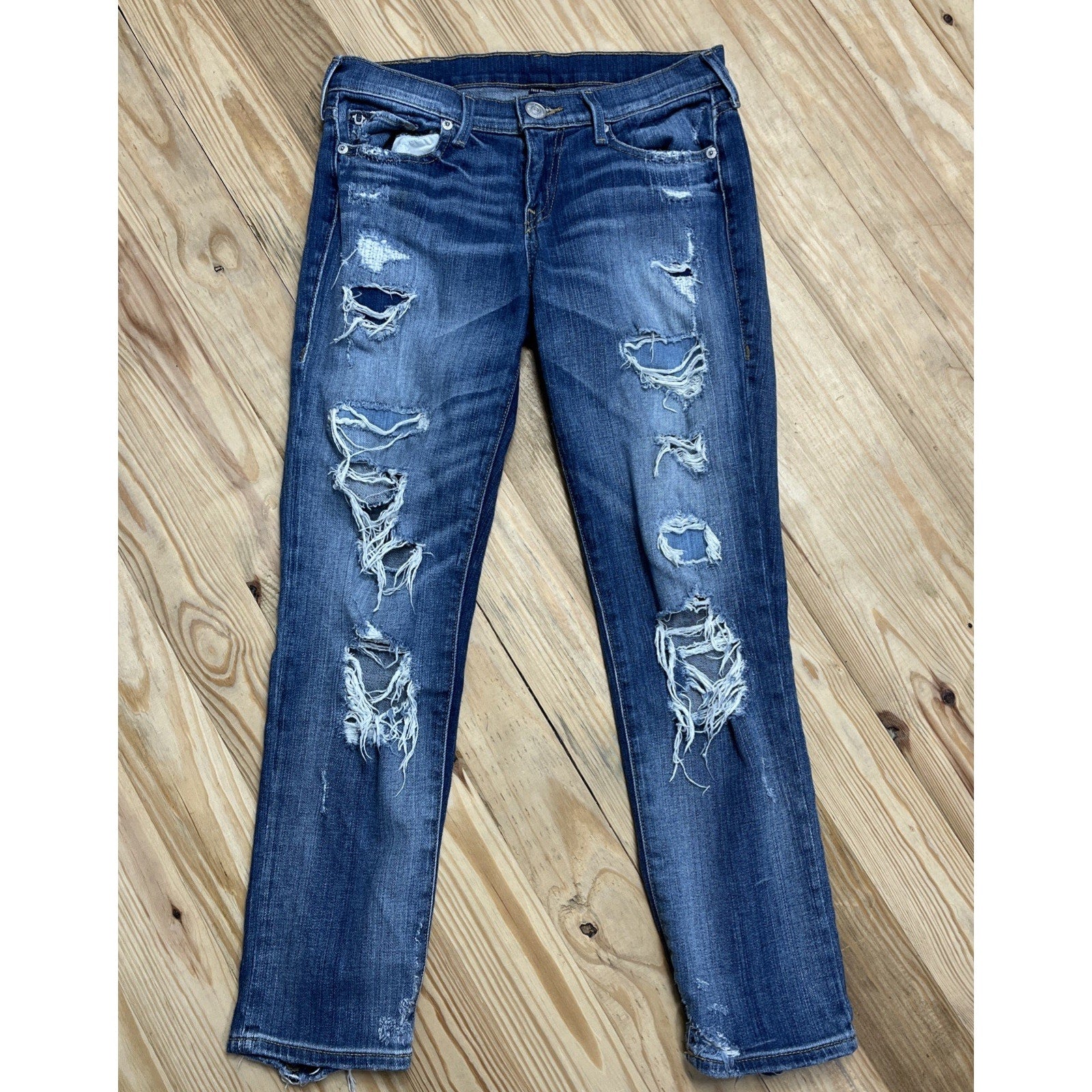 Womens True Religion Straight Mid Rise Distressed Blue Jeans size 26