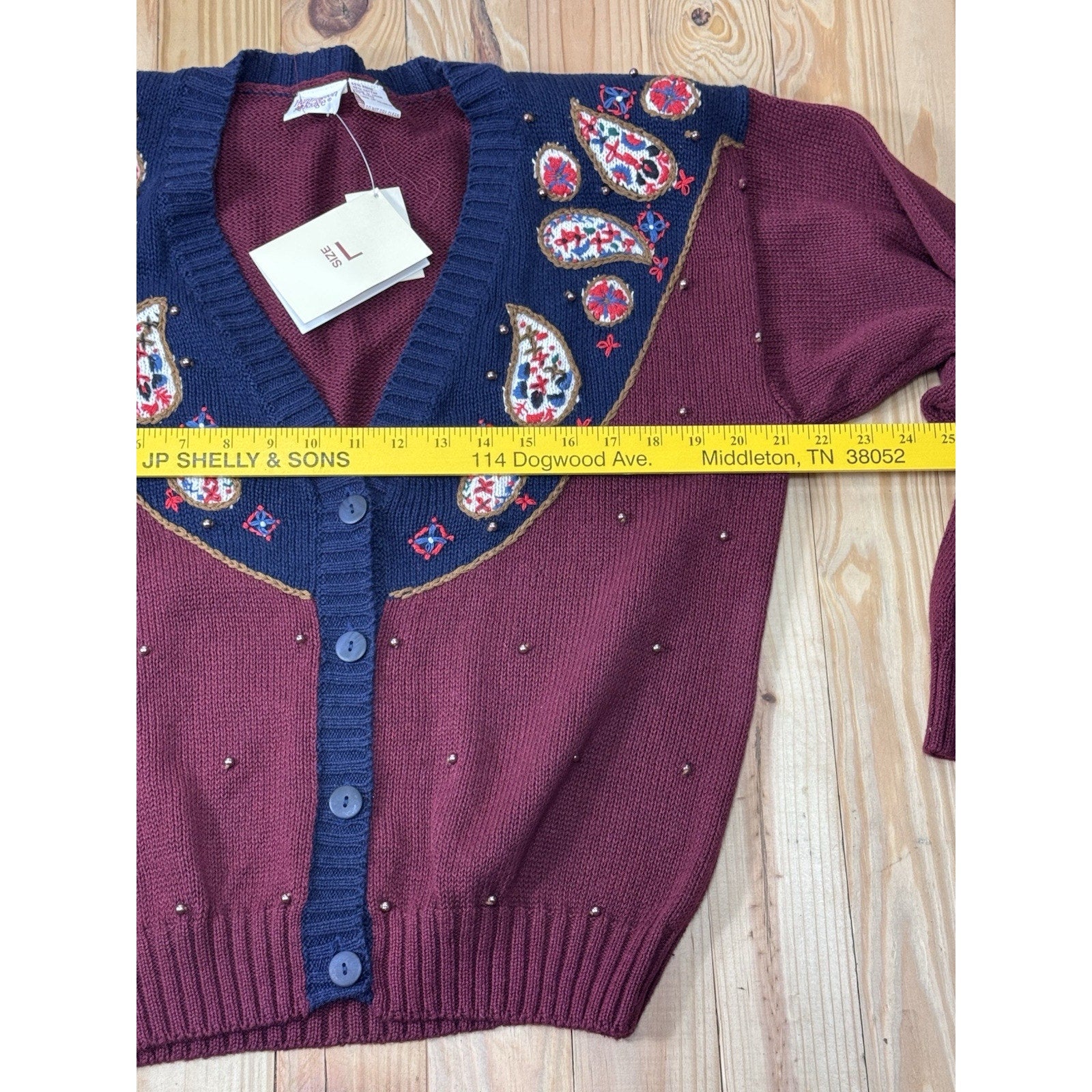 Vintage Huntington Ridge Cardigan Sweater Floral Embroidered Beaded Size Large