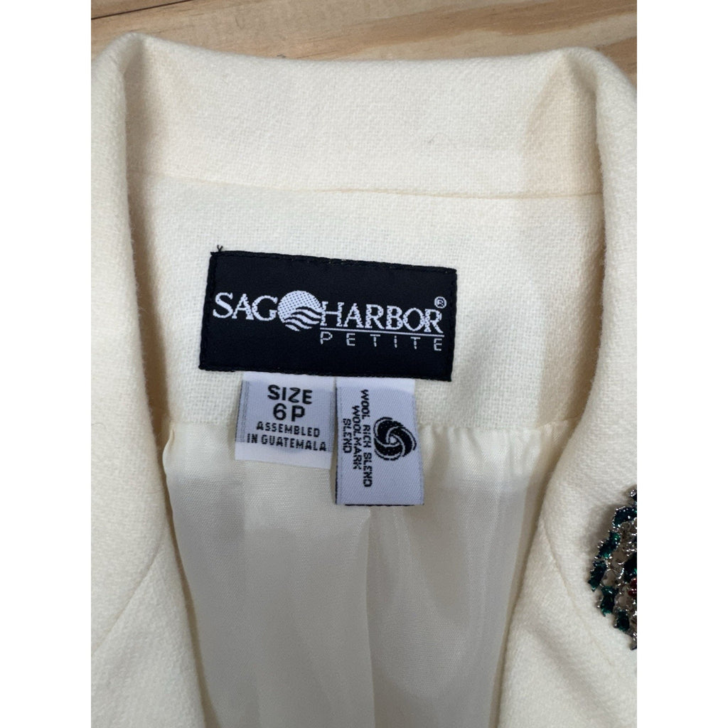 Sag Harbor Blazer Women’s 6 Petite Ivory Wool Nylon Boyfriend Classic Style