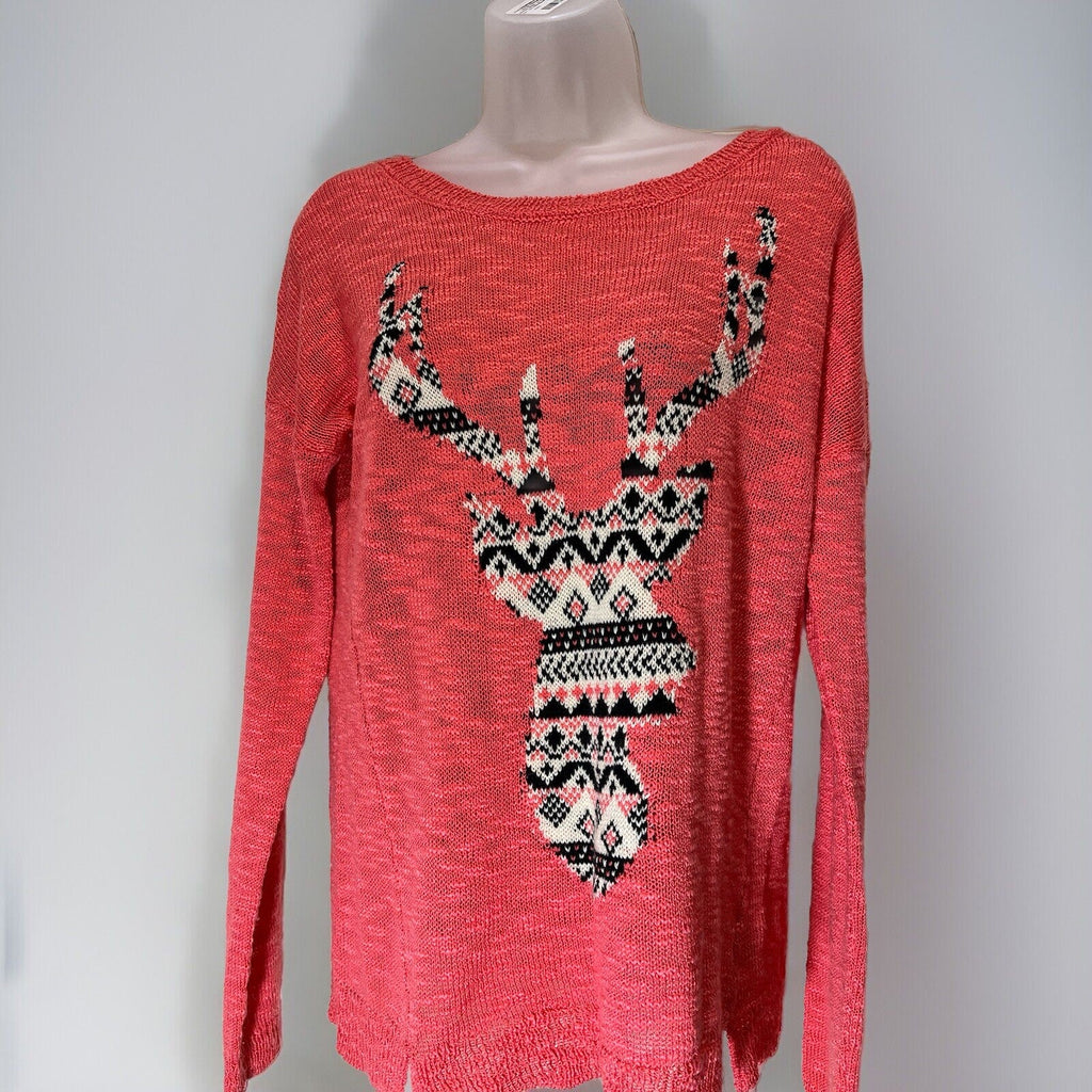 Pink Rose Pink Long Sleeve Knit Coral Pink Aztec Deer Sweater Women's Size Large