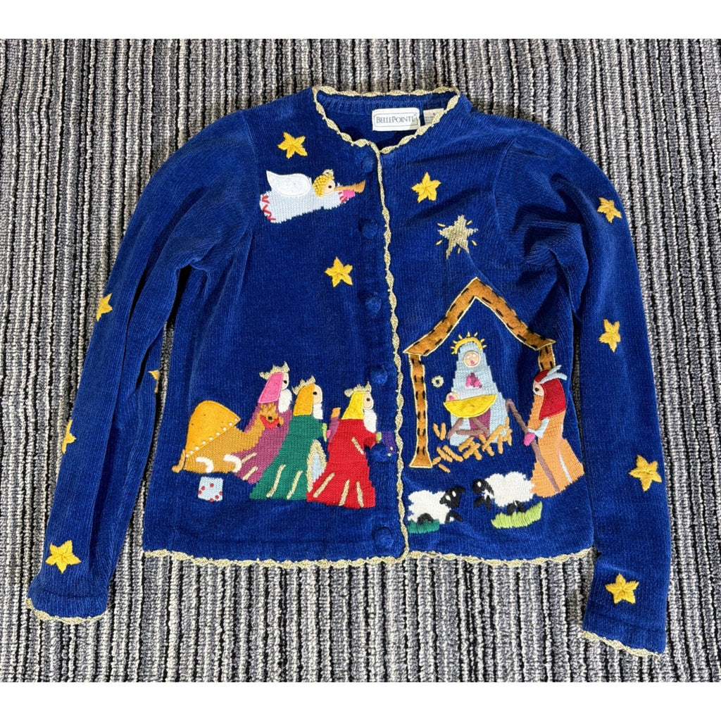 Vtg BELLEPOINTE Nativity Christmas Wisemen Cardigan S Royal Blue Sweater Angel