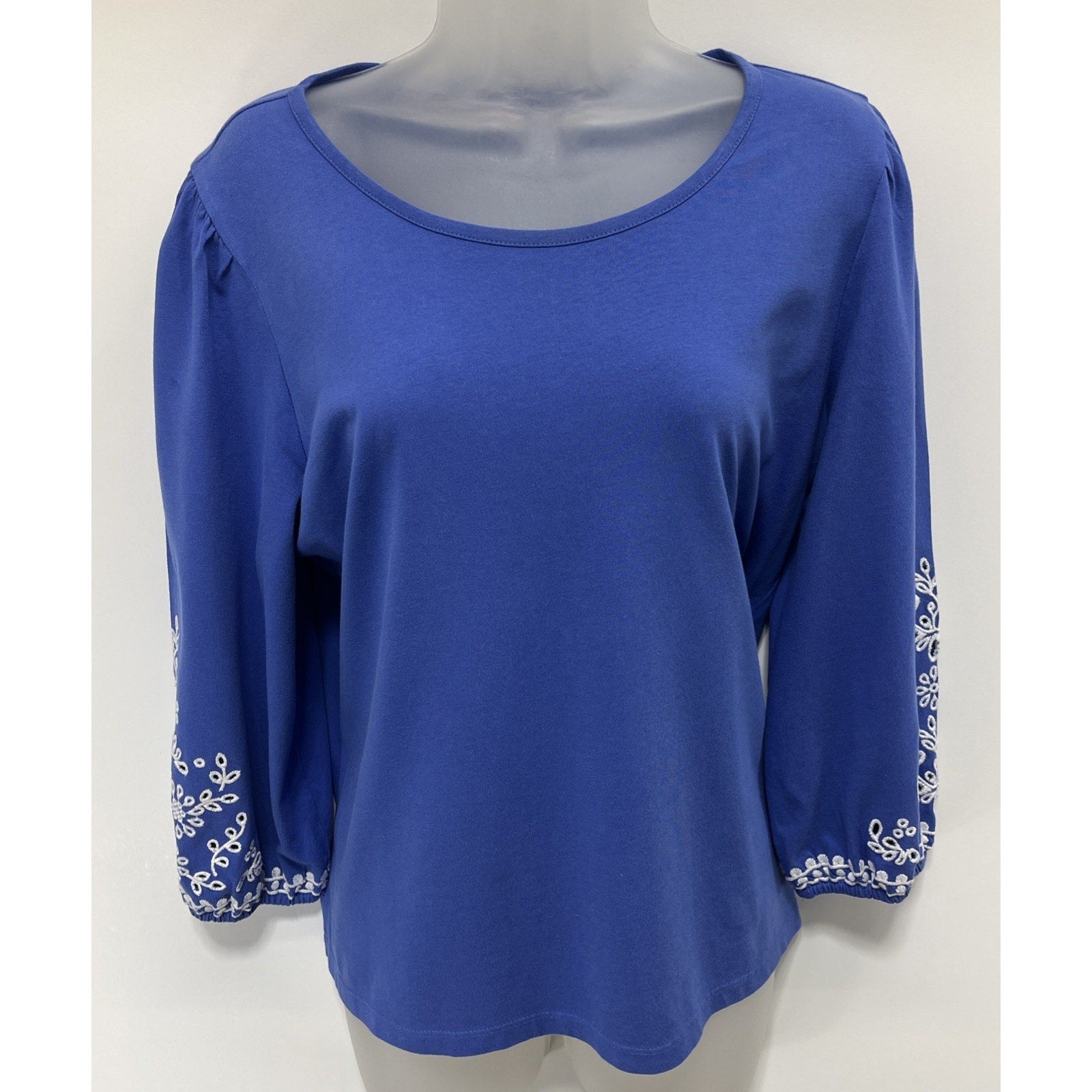 Talbots Eyelet Embroidered Peasant Top Womans Size LP Blue Cotton Boho Casual