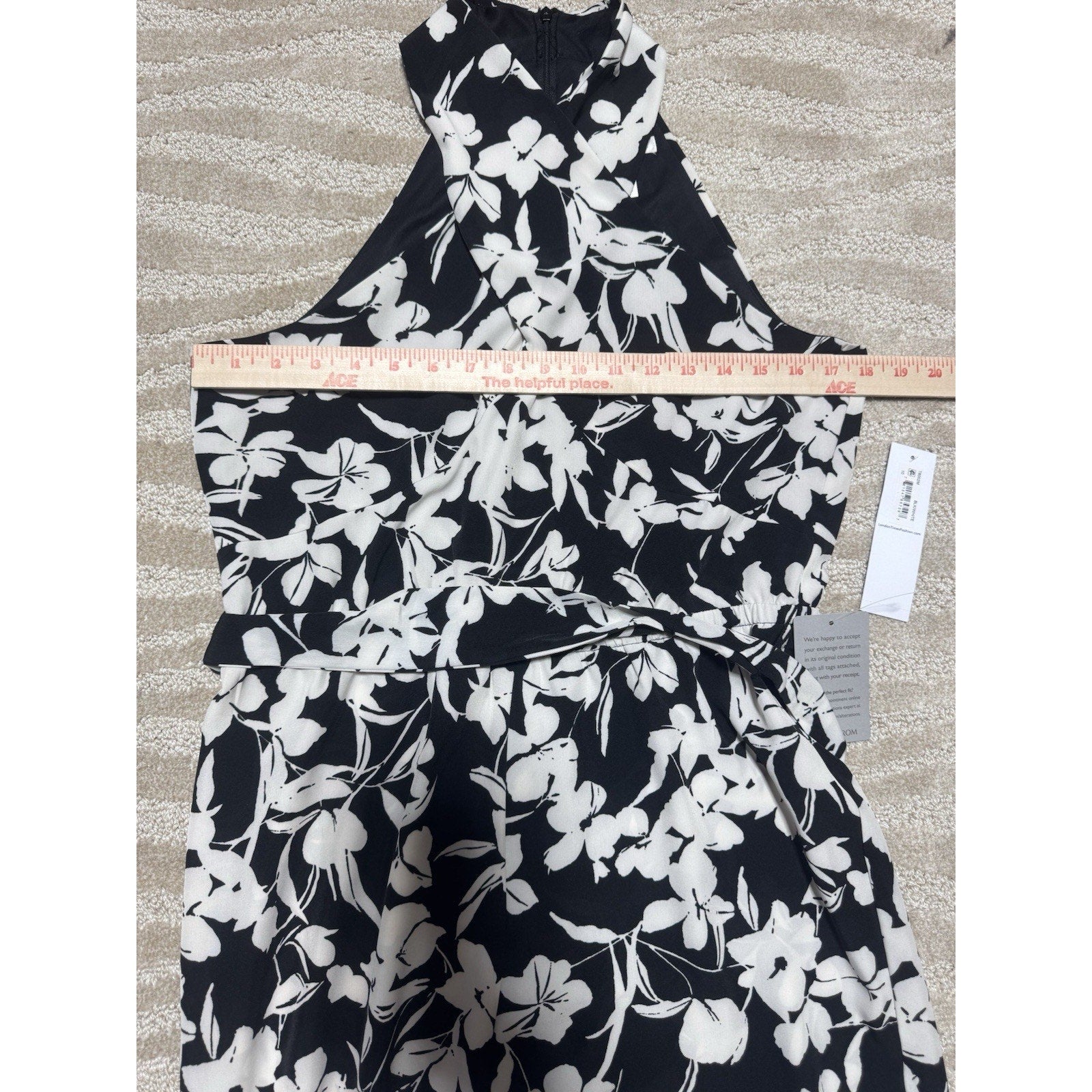 NWT London Times Size 10 Black White Floral Halter Wide Leg Jumpsuit Belted