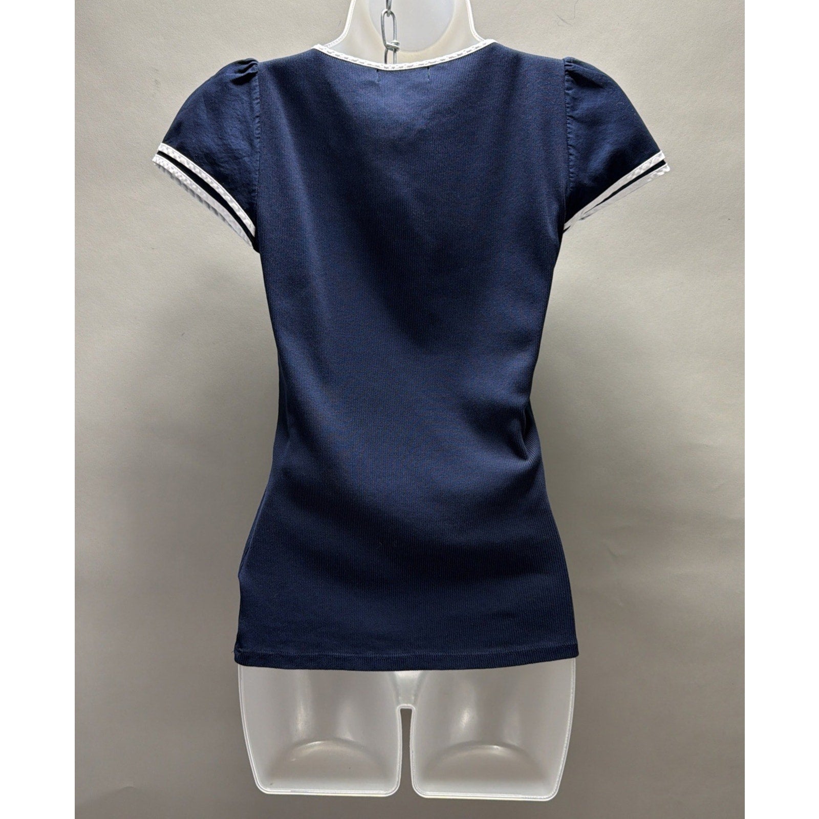 LAUREN RALPH LAUREN Pullover Navy Blue White Trim Cap Sleeve Top Size S