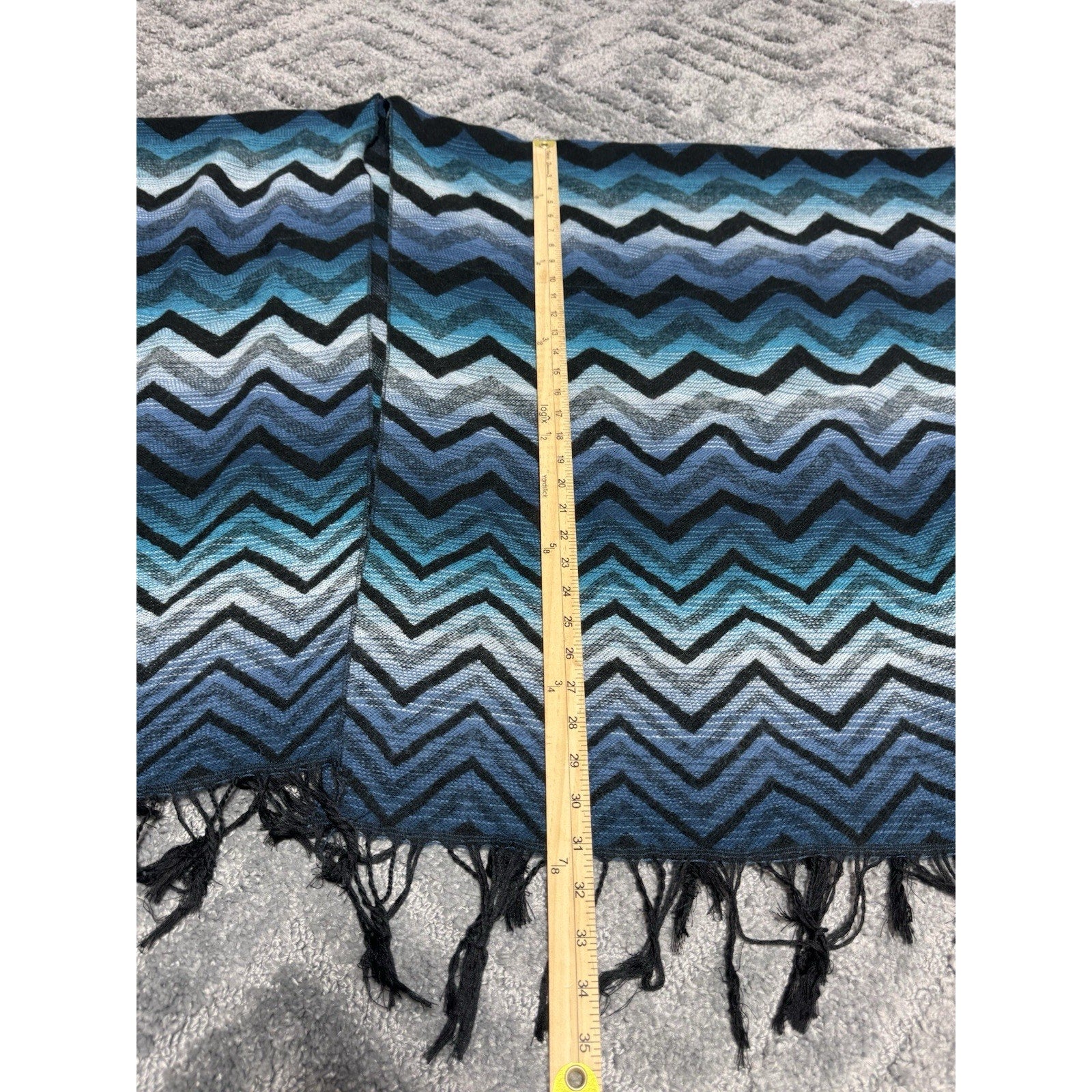 V Poncho Shawl Blue, black, White Chevron (zig-zag) Pattern One Size Fringe