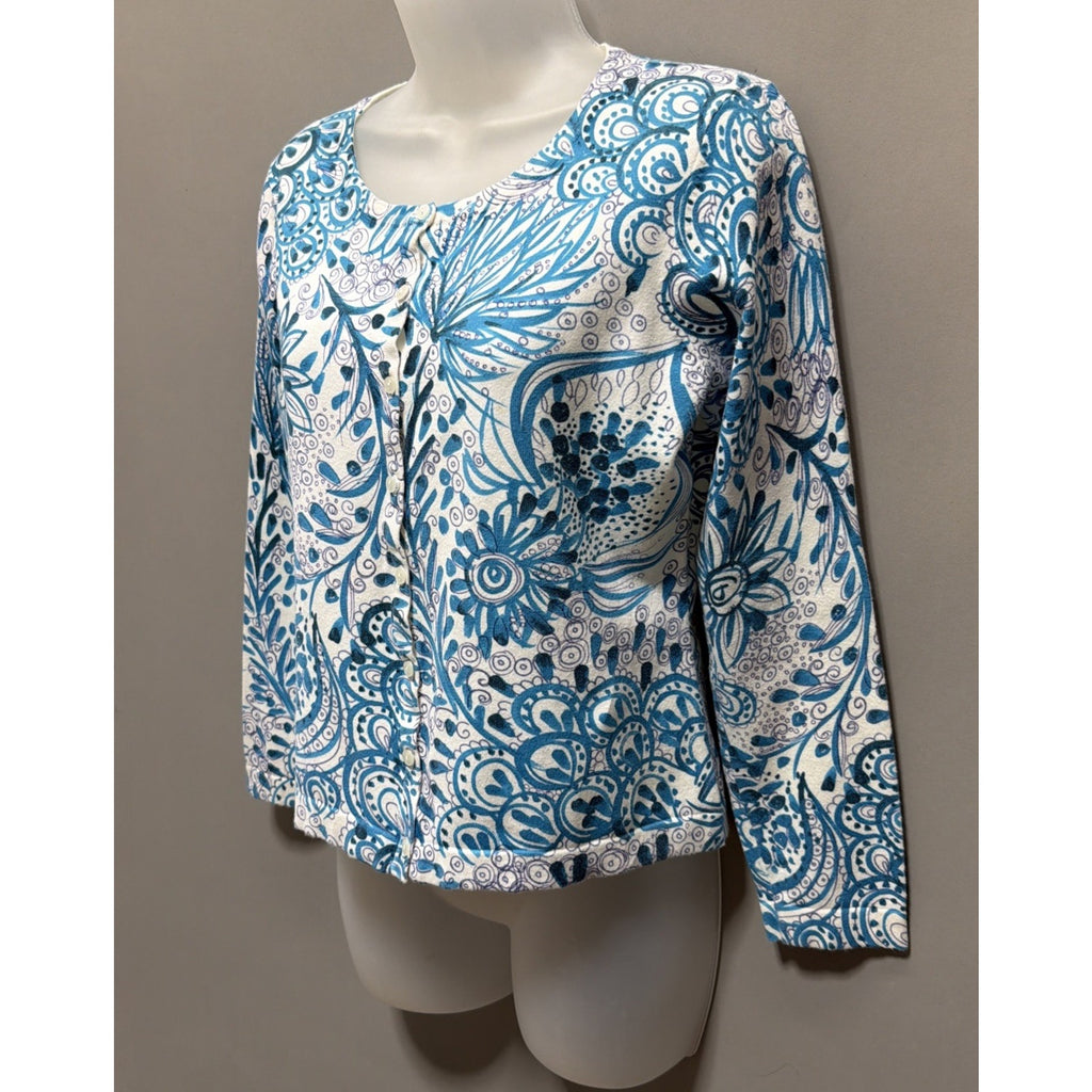Talbots Size S Petite Blue White Flowers Button Up Cardigan Stretch Cotton Vtg