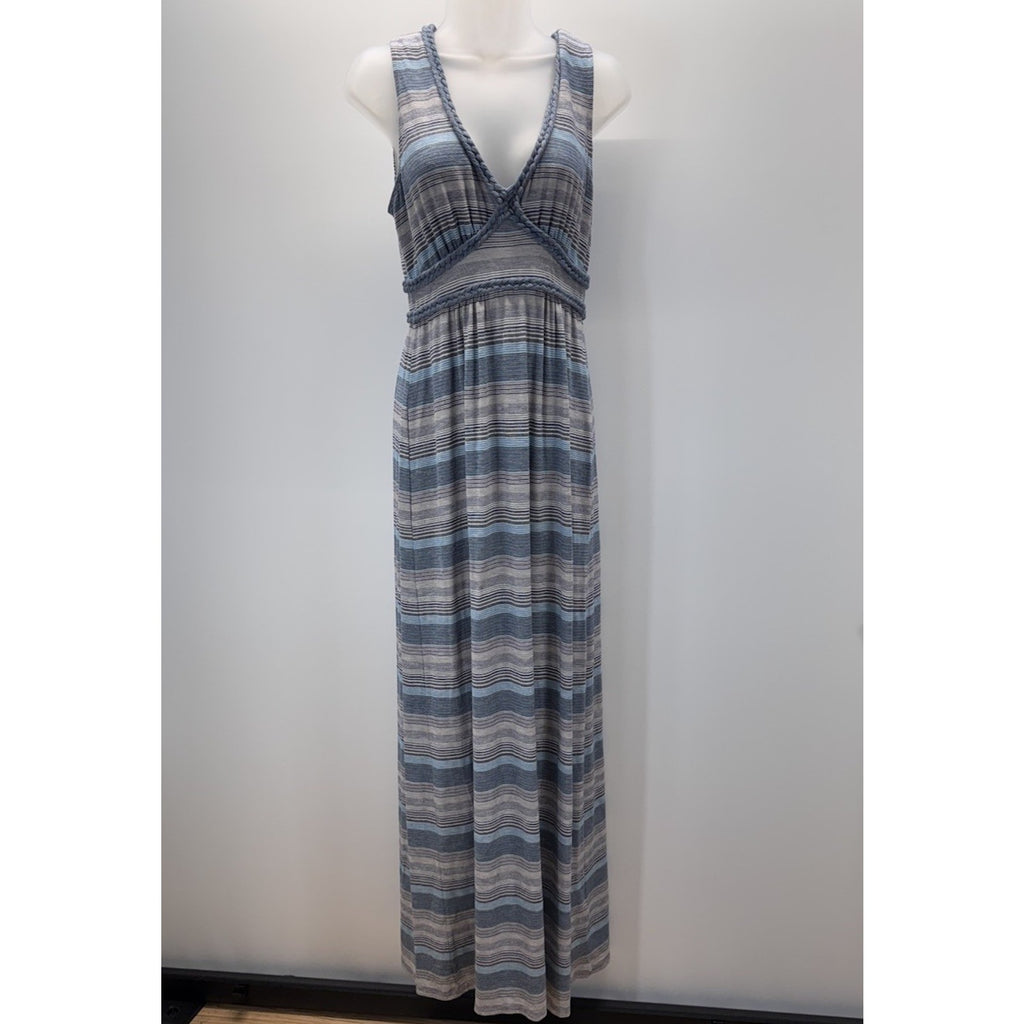 Max Studio Dress Blue Gray Striped S Stretch Maxi V-Neck