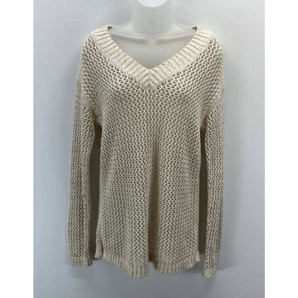 Talbots Oatmeal Chunky Knit Open Knit Crochet V-Neck Long Sleeve Sweater S