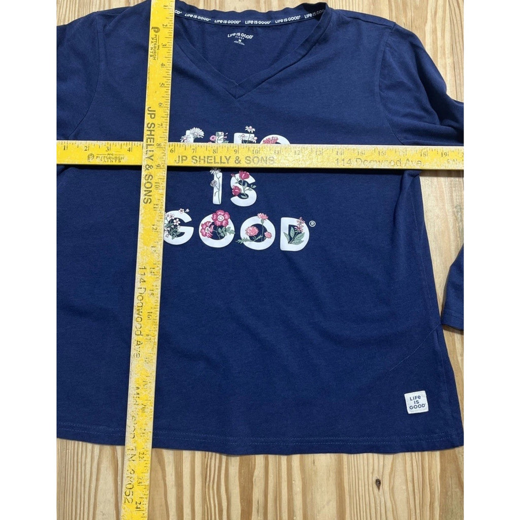 Life is Good Sleep Shirt Women's Navy Blue Long Sleeve V-Neck Floral Size M