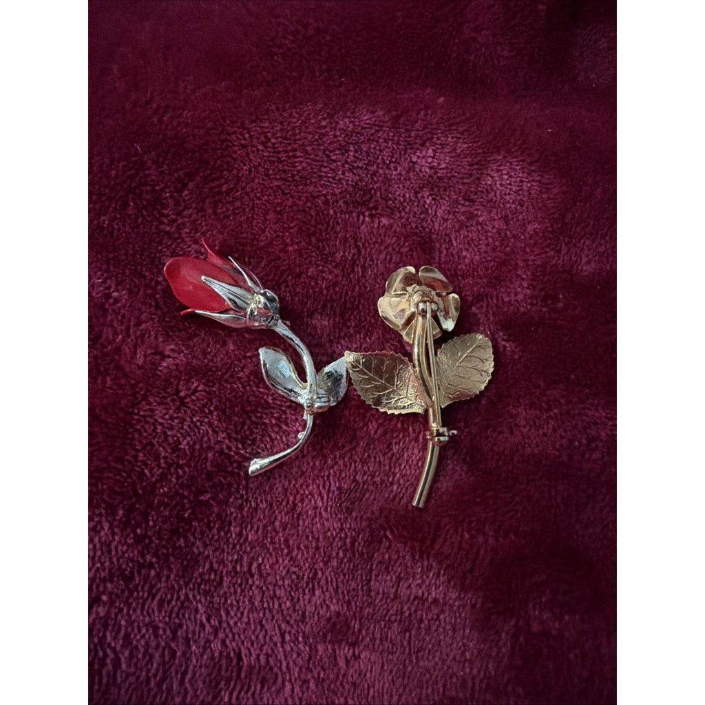 VTG Brooch 2PC Set Gold tone Red Rose Elegant Romantic Florals Pins