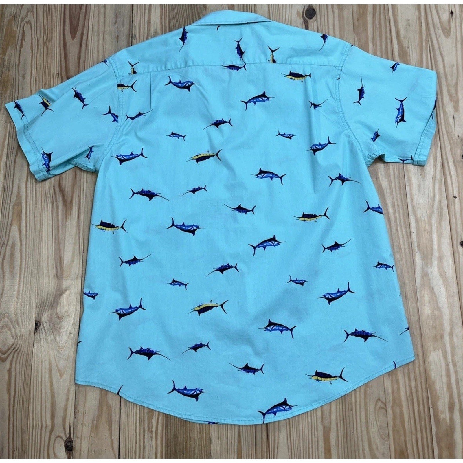 Haggar Mens XL Short Sleeve Button Shirt Teal Marlin Print