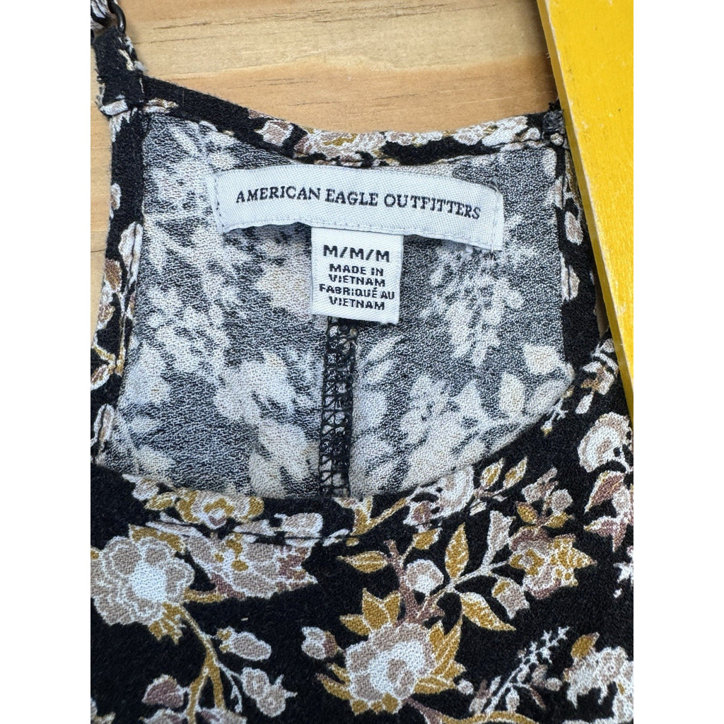 American Eagle Halter Tank Top Black Floral Peplum Gold Sleeveless Women’s Med