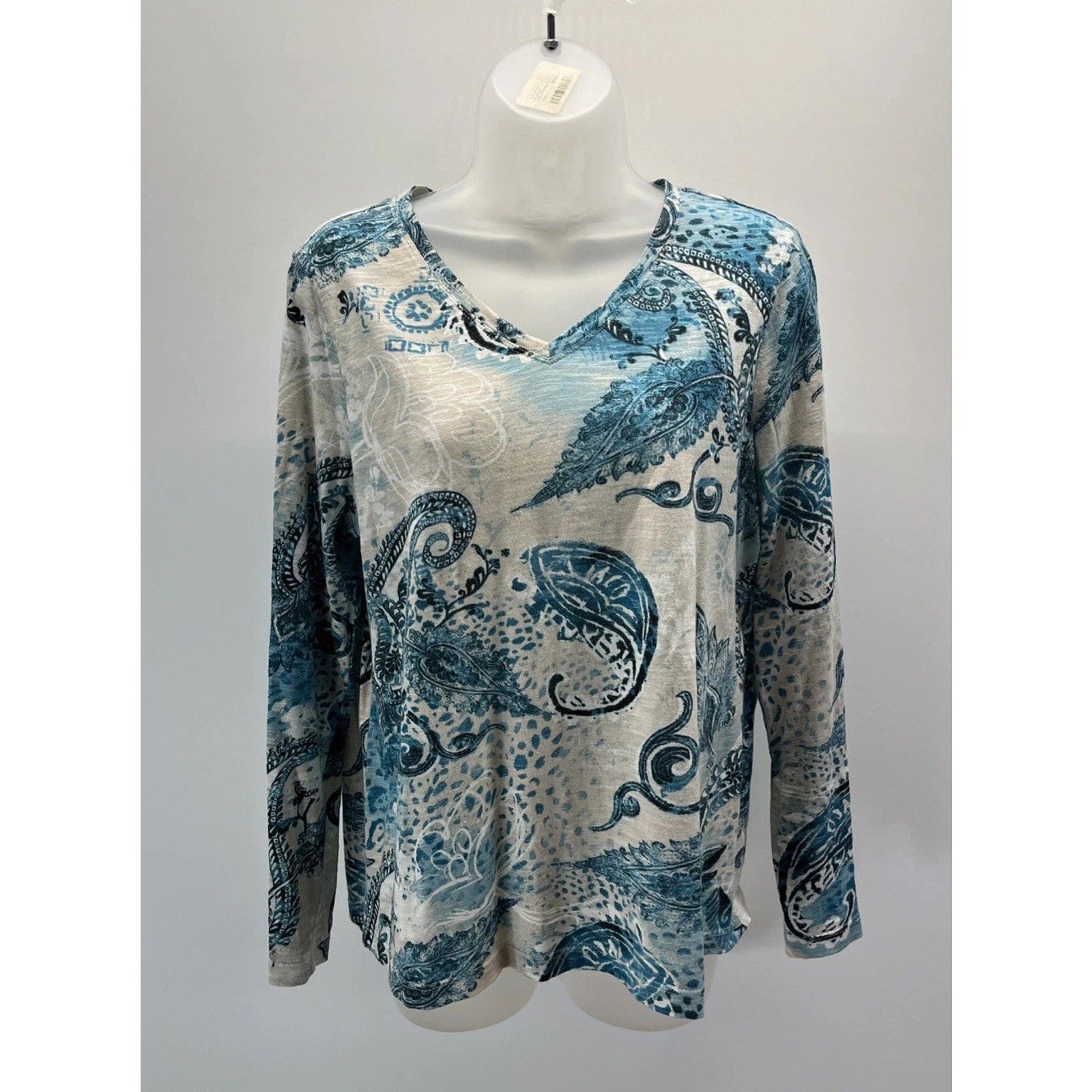 Chicos Shirt Womens 1 M Blue Ombre Paisley Cotton Long Sleeve