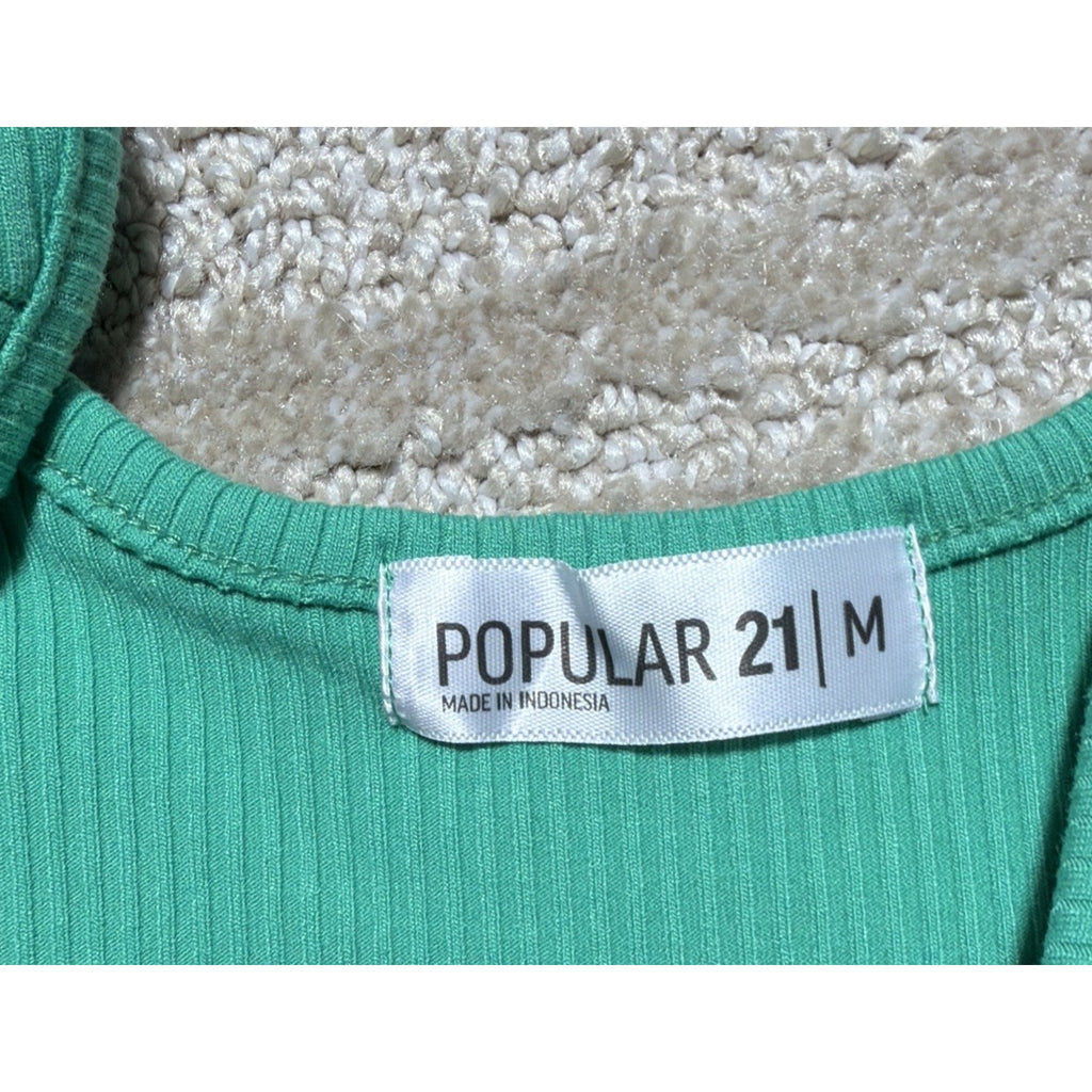 Popular 21 Green Ribbed Knit V Neck Sleeveless Bodycon Mini Dress M Stretch New