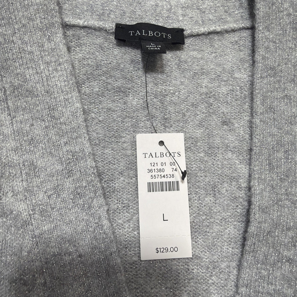 Talbots Jewel Button Cardigan L Pockets Metallic Silver Career Preppy Casual NWT