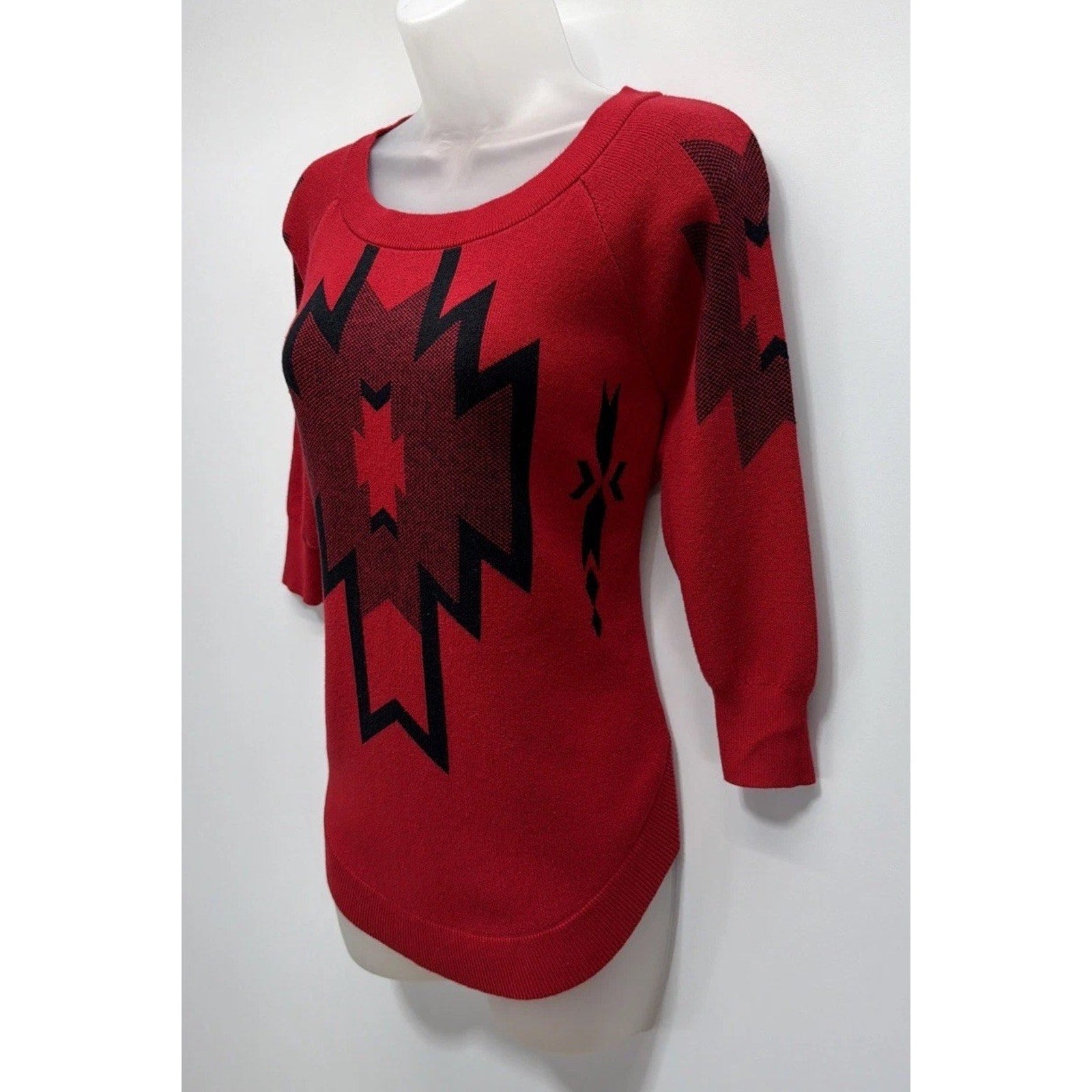 Express Women’s Sweater Size XS Red Aztec Geometric 3/4 Sleeve Warm