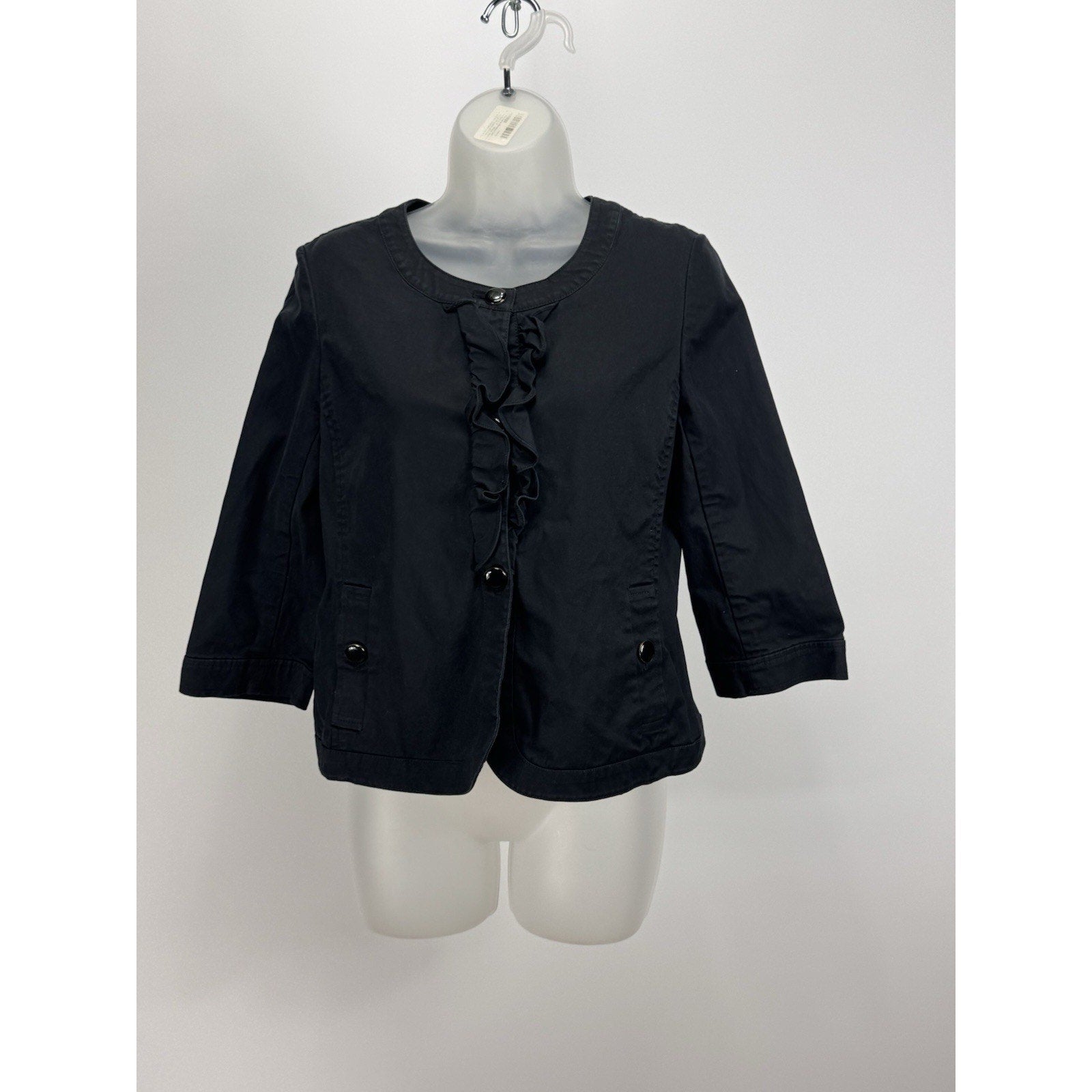 Talbots Blazer Women's 6P Petite Black 3/4 Sleeve Ruffle Trim Button Up Career