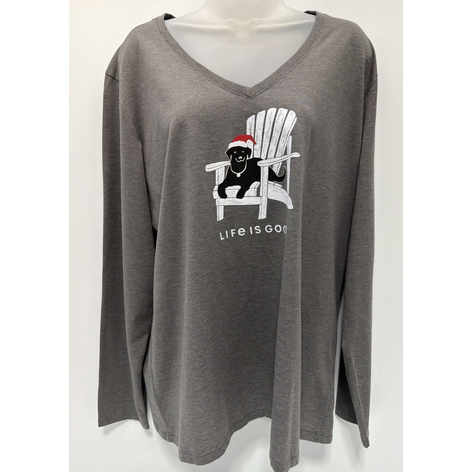 Life Is Good Cool Tee Shirt Christmas Dog Labrador Classic Fit Gray Womens XL