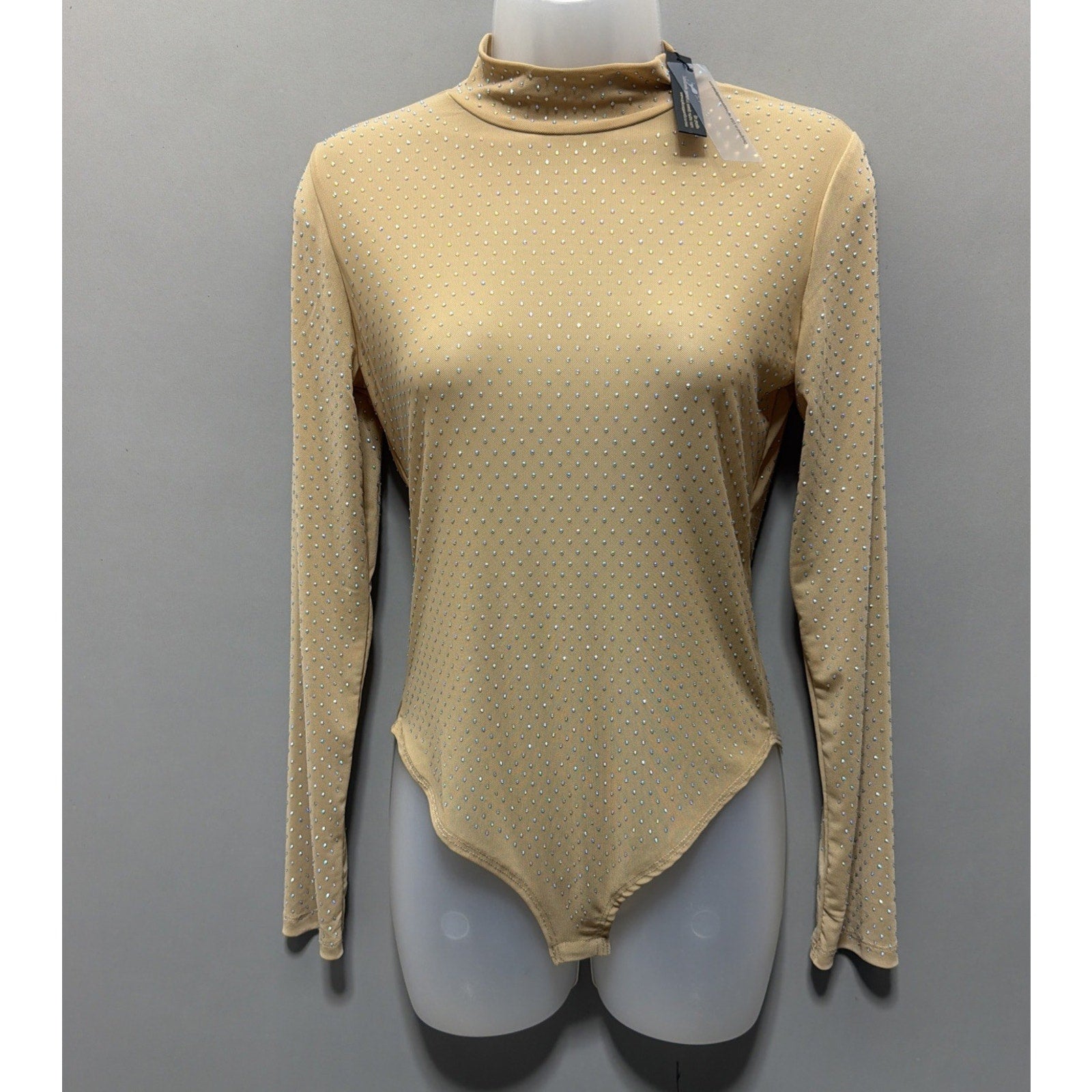 Nylon Apparel Rhinestone Studded Mesh Stretch Bodysuit Top Gold Large - New!