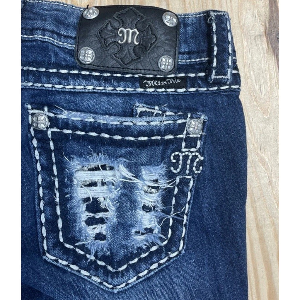 Miss Me Skinny blue denim jeans size 27 Distressed Thick Stitch EUC