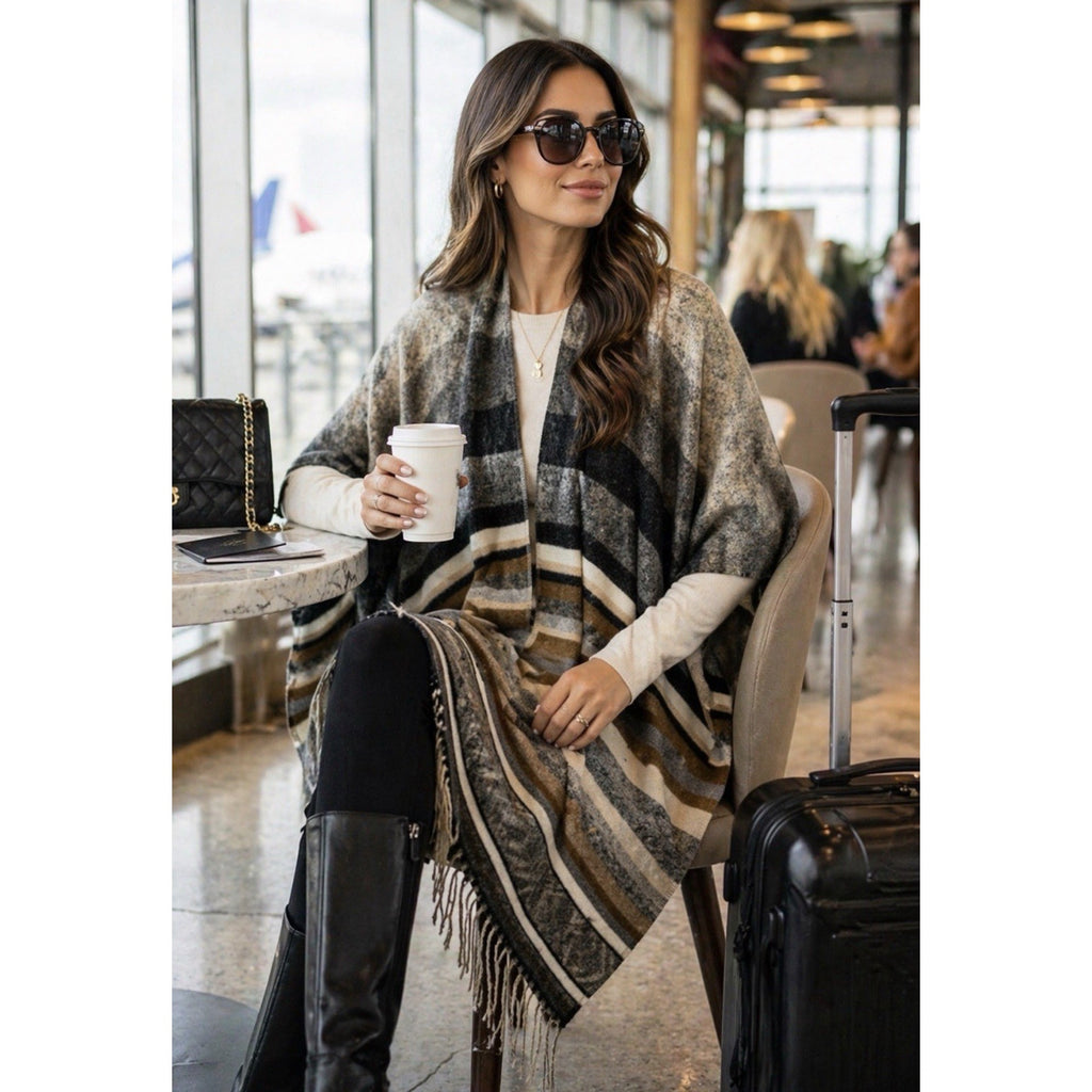 NWT Vince Camuto Ruana Poncho Wrap Shawl Black Neutral Stripe Fringe One Size