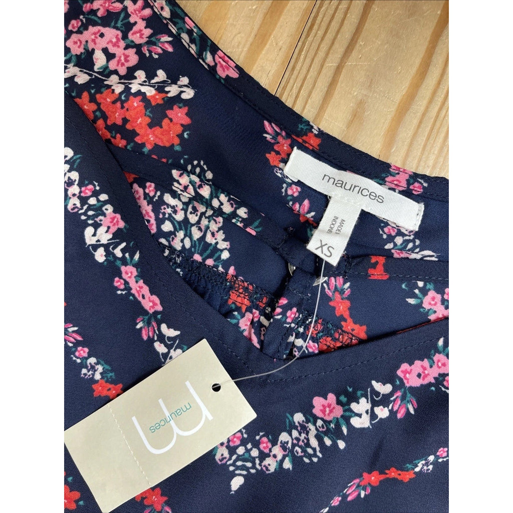 NWT Maurices XS Navy Blue Sleeveless Floral Cottage Blouse Top