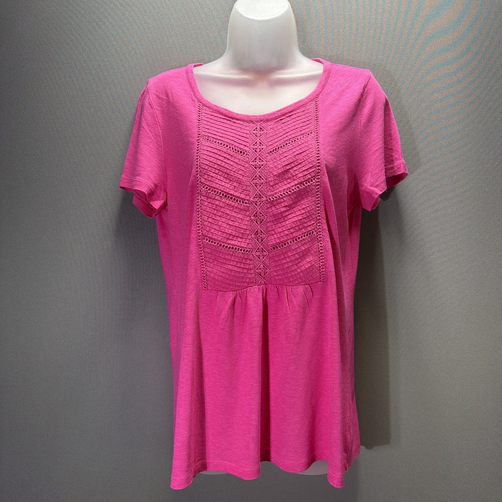 Talbots T-Shirt Top Womens Size Small Pink Crochet Round Neck Sleeve Cotton Knit